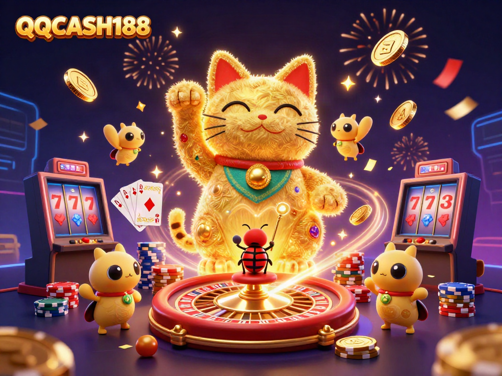 Experience the excitement of QQCASH188 with a vibrant casino-themed illustration featuring a lucky cat crafted from golden fireflies.