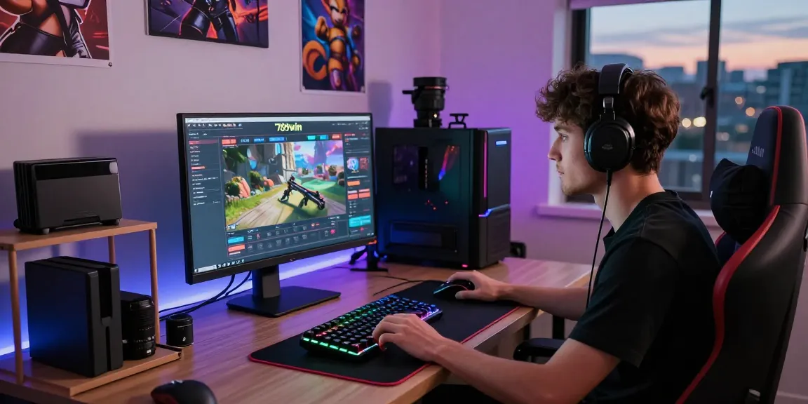 Immersive gaming setup showcasing 789win interface, gamer focused in vibrant home office.