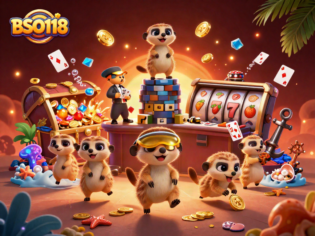 BSO118 showcases a colony of meerkats in a vibrant casino scene with slot elements and glowing treasures.