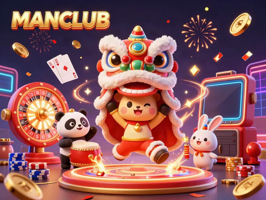 Celebrate winning at MANCLUB with vibrant 3D casino scene featuring lucky symbols and festive characters.