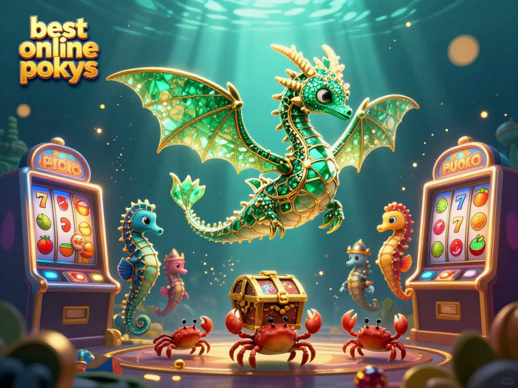 Spin the best online pokies with a majestic sea dragon and vibrant slot elements in a magical underwater scene.