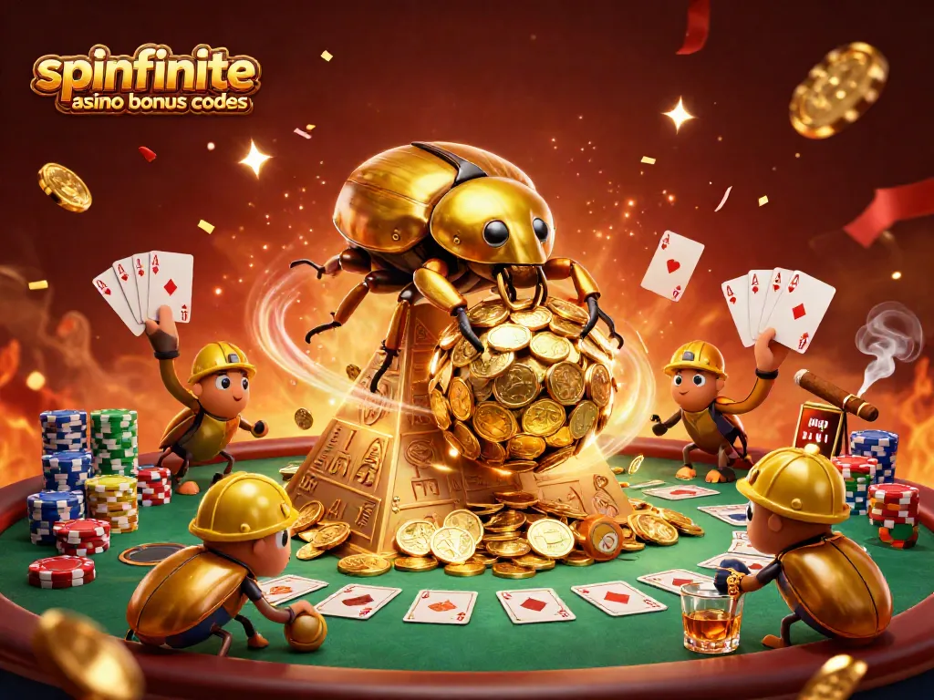 Spinfinite casino bonus codes showcased in an engaging 3D casino scene with vibrant characters and elements.