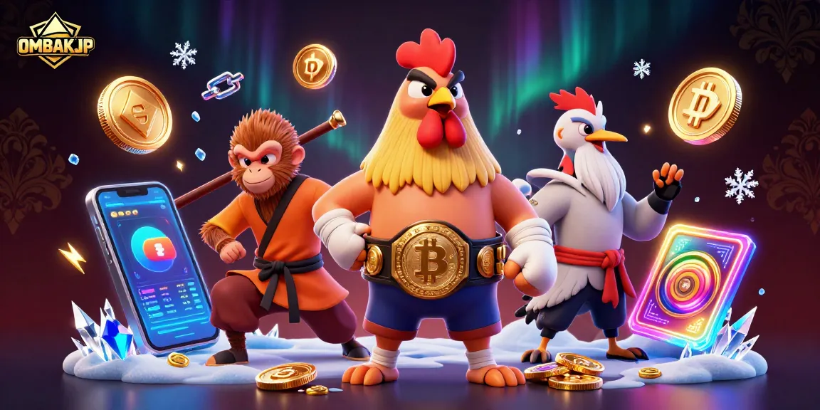 Spin to win with OMBAKJP in this vibrant 3D casino showdown featuring martial artists and crypto elements.