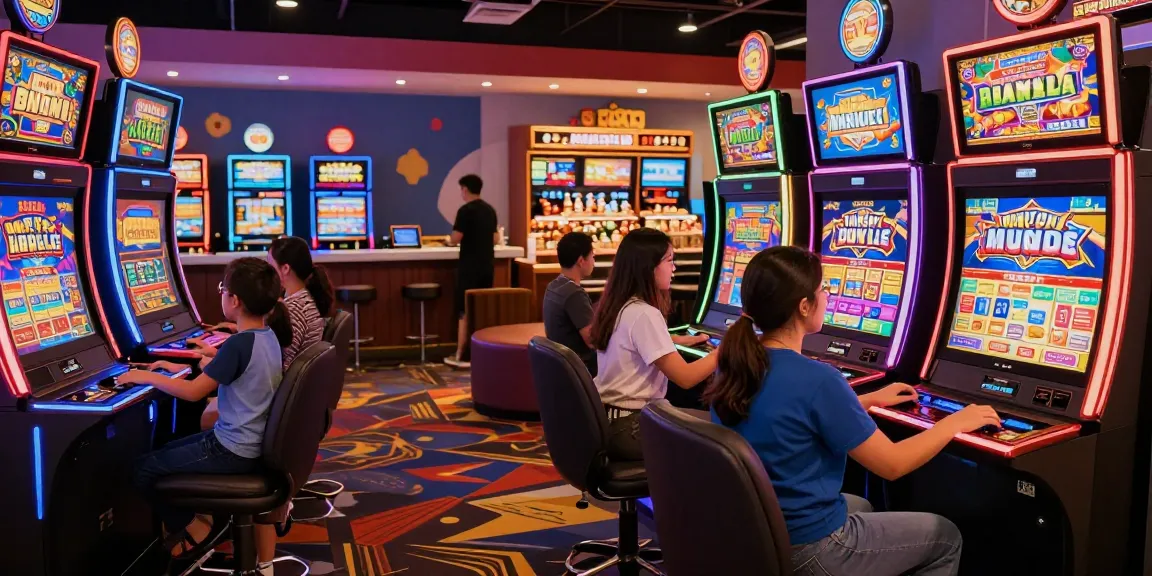 Family enjoying colorful bandar slot gaming experience in a vibrant casino atmosphere.