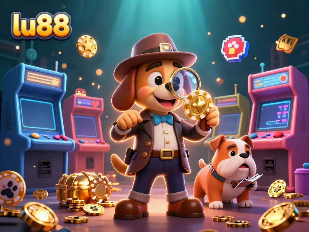 lu88 showcases a dynamic cartoon detective scene with vibrant casino game elements and characters interacting.