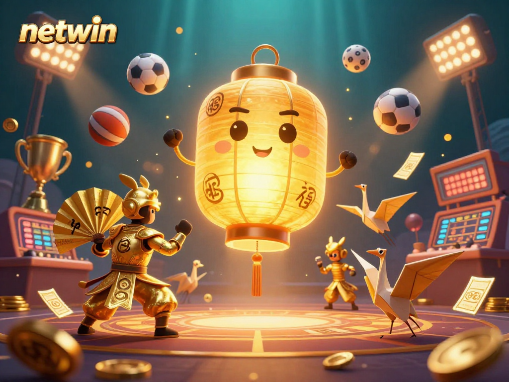 Win big with netwin in this vibrant 3D gaming illustration featuring dynamic sports elements and a golden lantern.