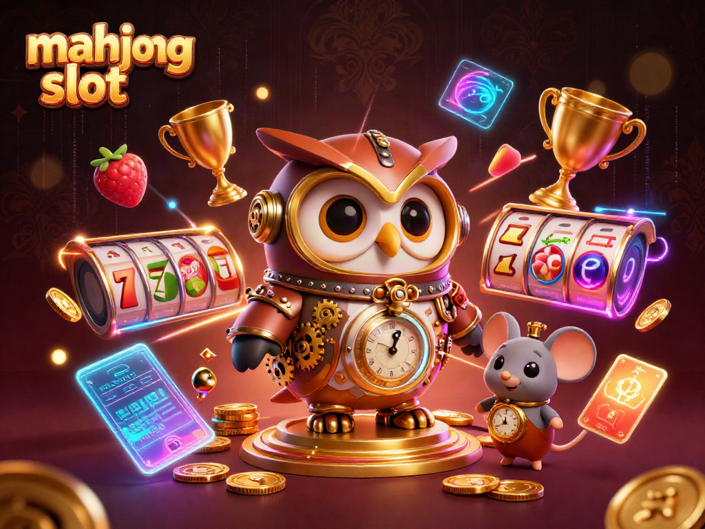Engage with mahjong slot excitement in a vibrant steampunk-themed casino illustration.