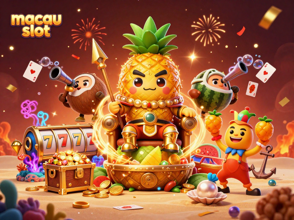 Gambar slot macau yang menampilkan raja nanas emas dengan karakter yang meriah di kasino pantai.
