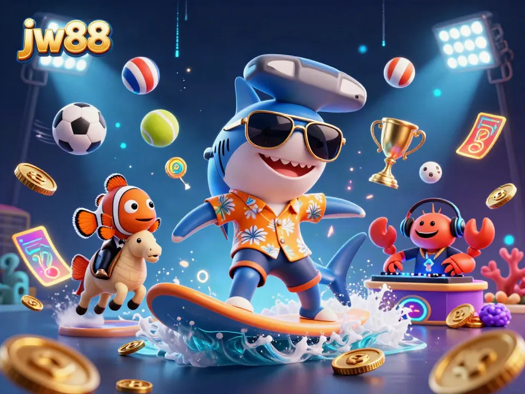 Experience thrilling gameplay with jw88 as cartoon characters surf on gold coins in a dynamic casino scene.