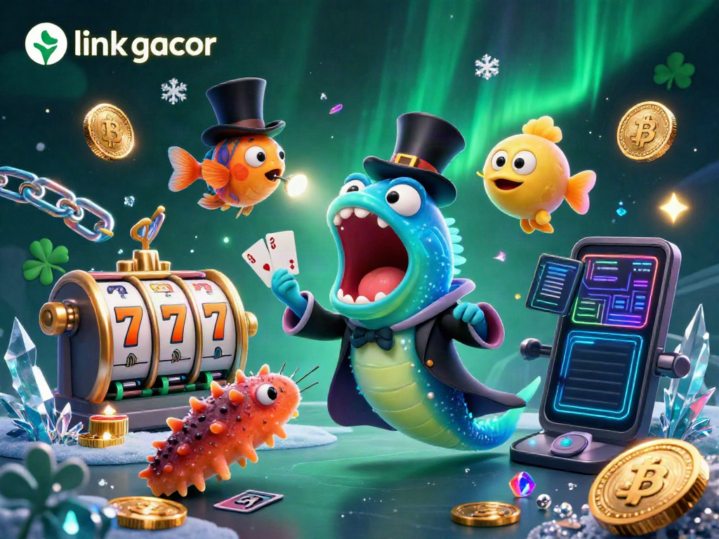 Experience the magic of link gacor with a 3D illustration featuring a deep-sea eel performing card tricks amidst vibrant casino elements.