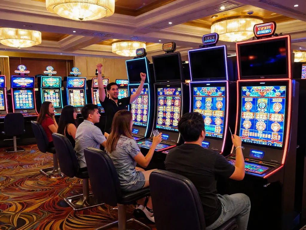 Exciting casino scene with players enjoying Lucky777 slot machines and celebrating wins.