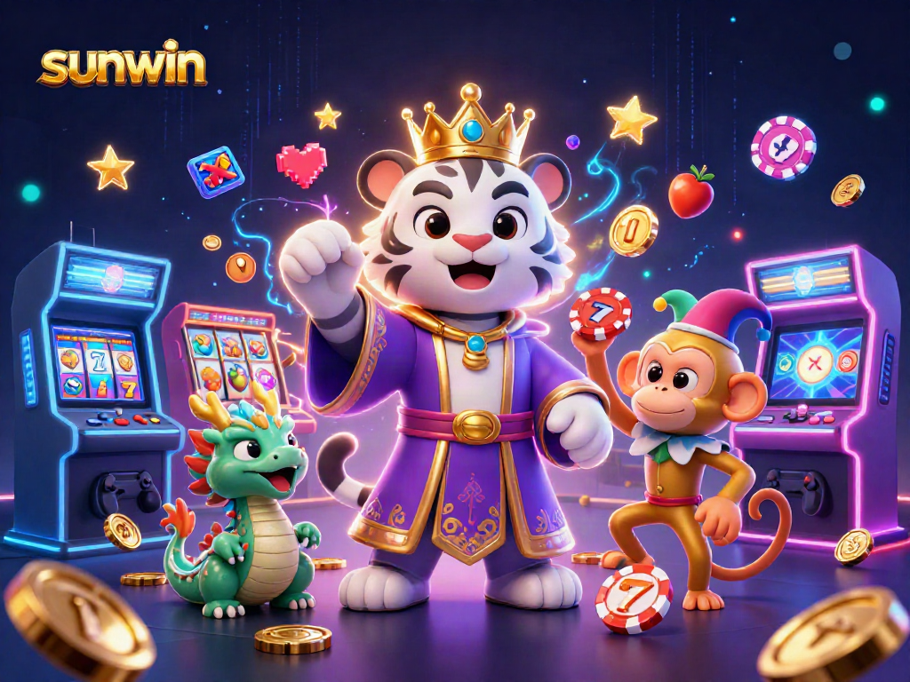 Playful golden monkey juggles poker chips alongside sunwin’s elegant white tiger and jade dragon, celebrating casino riches.