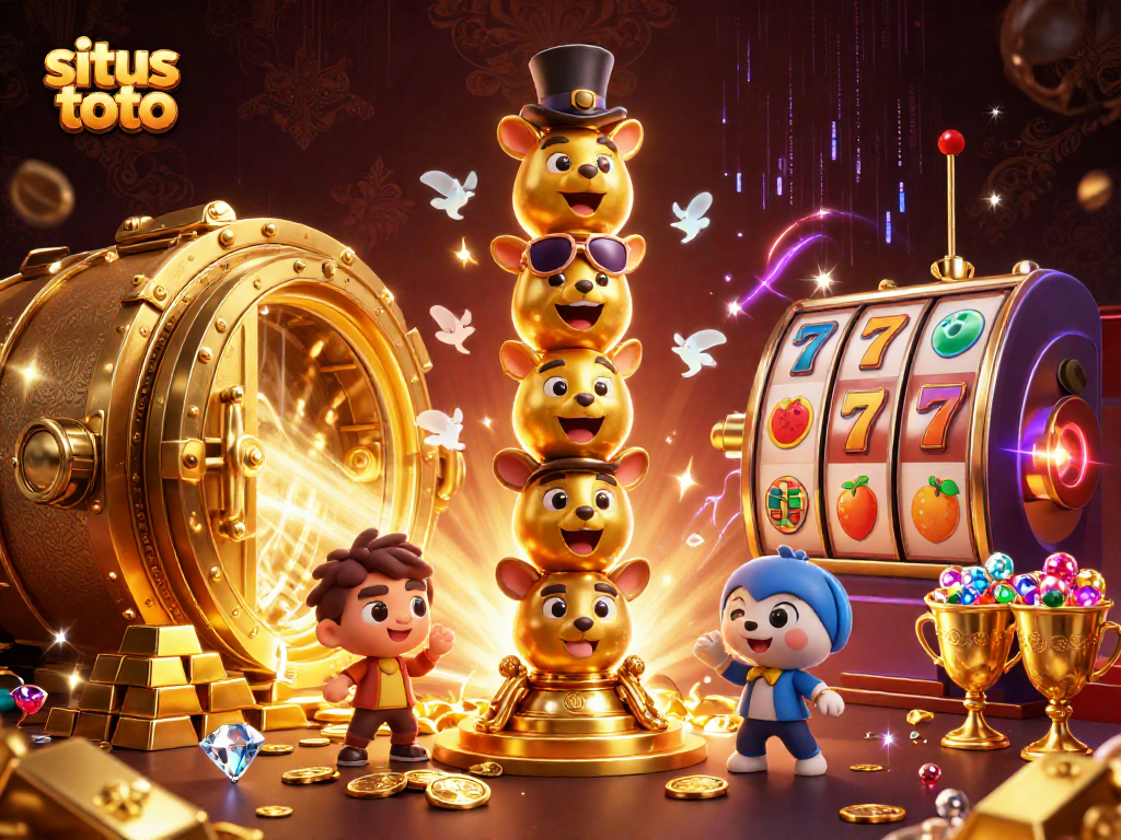 Slot permainan situs toto dengan simbol lucky 7, totem emas, dan efek cahaya berlian