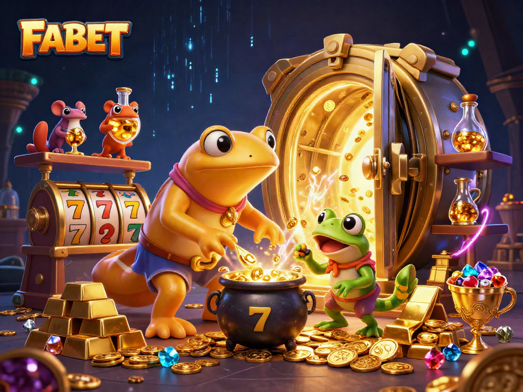 FABET showcases enchanting gold transmutation in a dynamic cartoon-style casino scene.