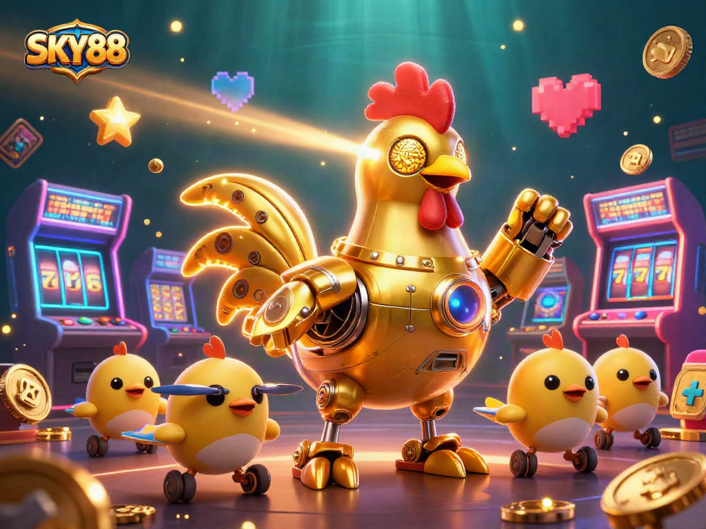 Engage in thrilling casino action with SKY88 featuring a golden rooster robot and dynamic gaming elements.