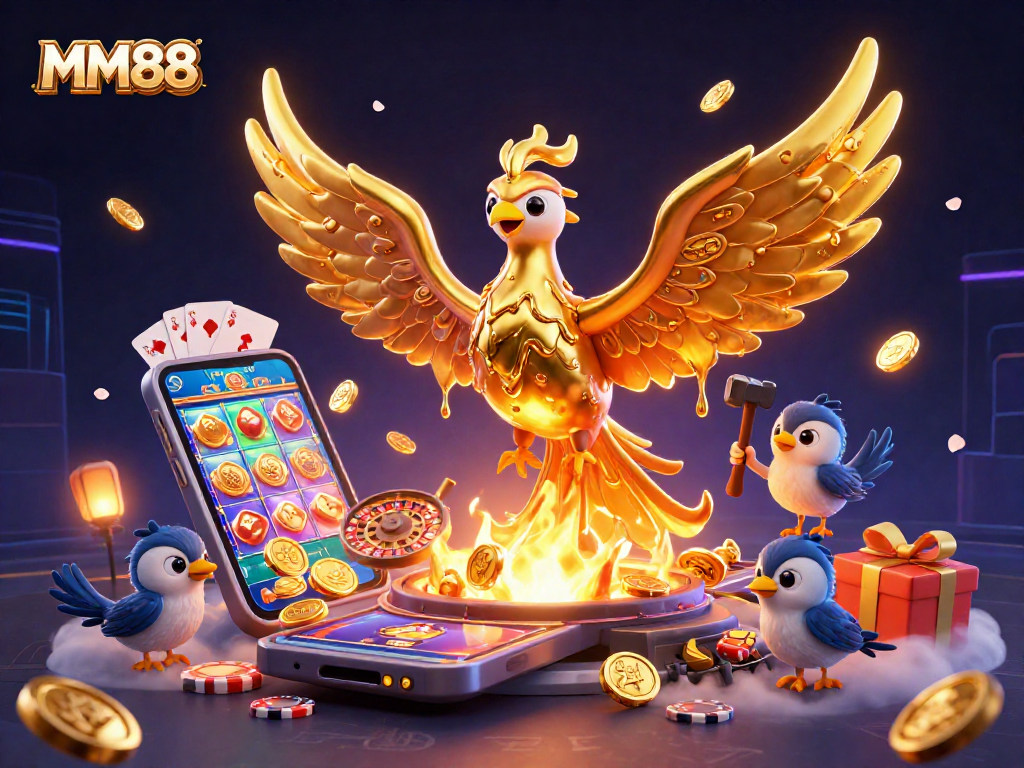 Engage with MM88's exciting casino atmosphere, featuring a dynamic golden phoenix and gambling elements.