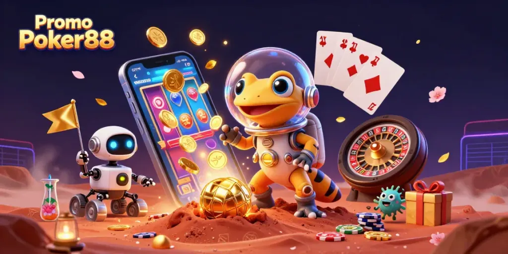 Exciting 3D scene showcasing Promo Poker88 with a Martian gecko discovering a golden casino amidst dynamic gaming elements.