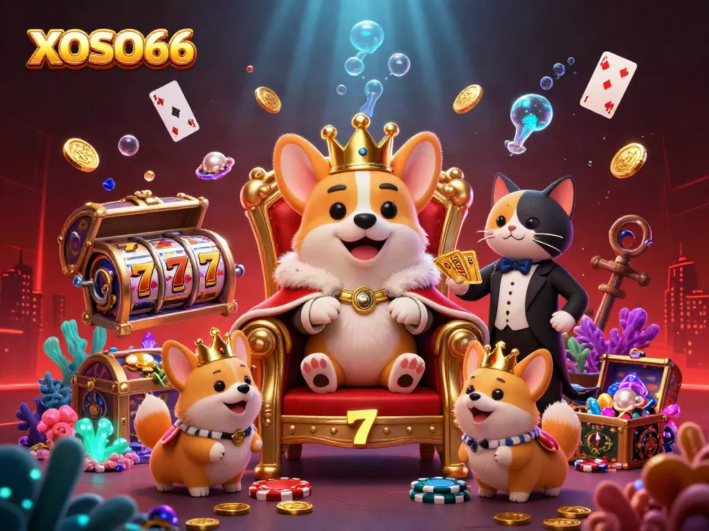 XOSO66 captivates players with vibrant 3D imagery of royal corgi royalty amidst thrilling gaming elements.