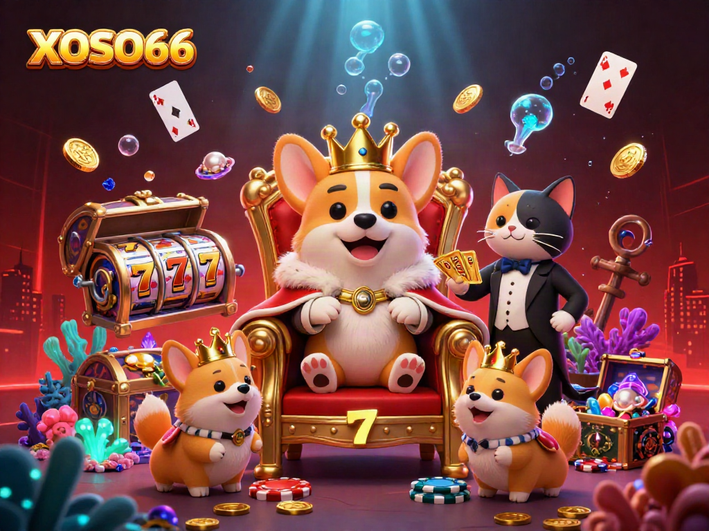 XOSO66 captivates players with vibrant 3D imagery of royal corgi royalty amidst thrilling gaming elements.