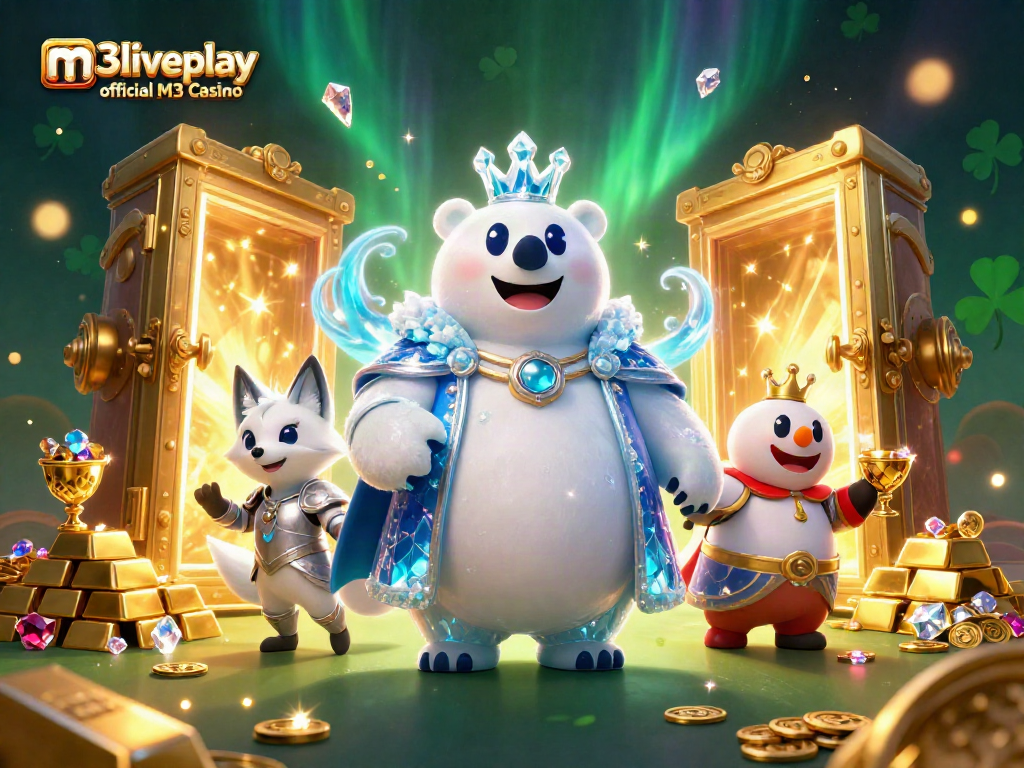 Experience the thrill of m3liveplay official M3 Casino with a vibrant 3D illustration of a playful polar bear and fox.