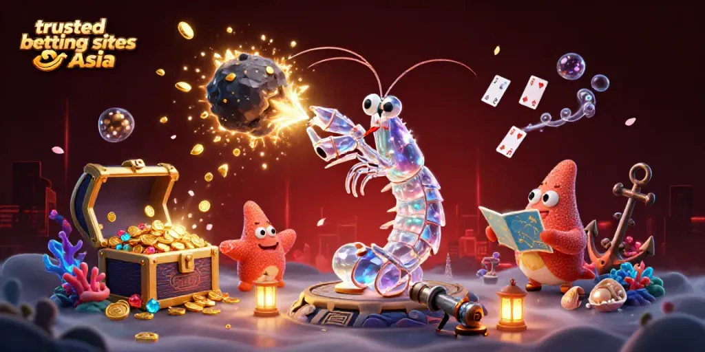 Engage with trusted betting sites Asia featuring a galactic samurai mantis shrimp amidst exploding treasures