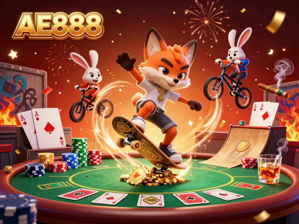 Engage with AE888 in a vibrant scene showcasing a skateboarder fox and BMX rabbit in a dynamic casino setting.