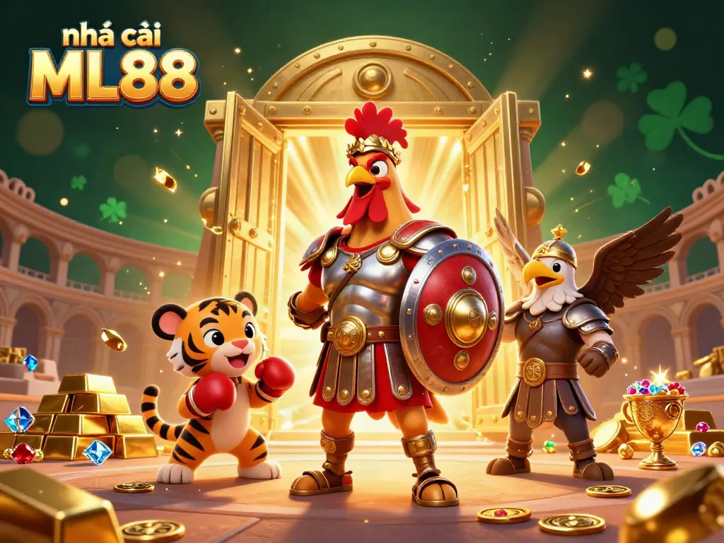 Engage with thrilling gameplay at nhà cái ML88 featuring dynamic 3D illustration of a rooster warrior and casino treasures.