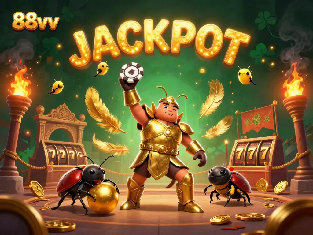 Players engaging with 88vv's vibrant gaming atmosphere featuring a victorious beetle mascot celebrating the jackpot.