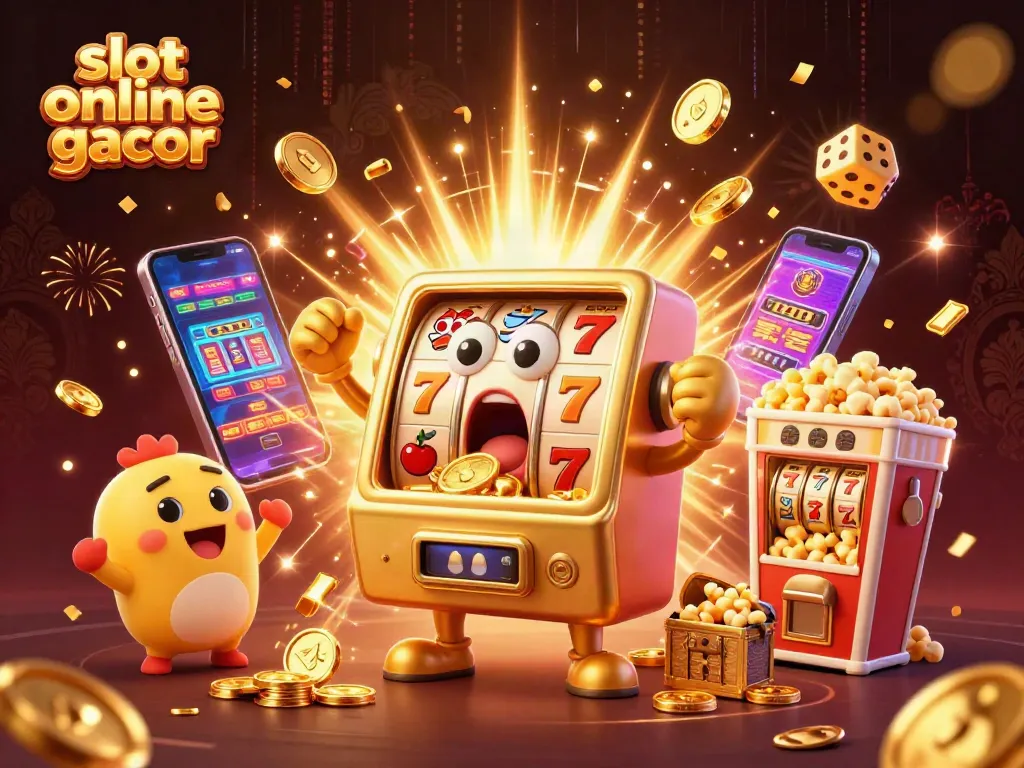 Play slot online gacor with a cartoon golden slot machine celebrating a jackpot amidst a rich casino scene.