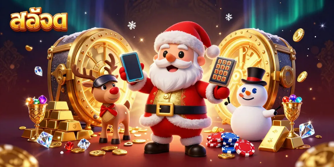 Engage with สล็อต in a festive casino scene featuring Santa, his reindeer, and a snowman amidst treasures.