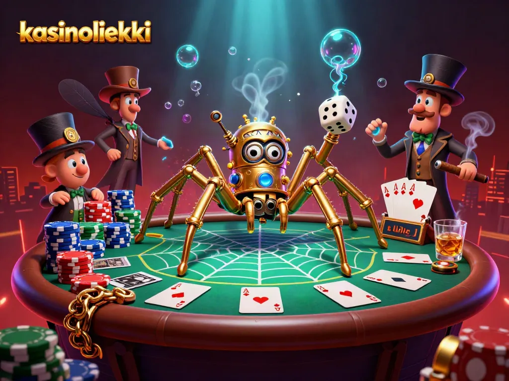 Kasinoliekki esittelee steampunk-tyylisen kullanvärisen hämähäkin ja pelielementtejä kasinoillasi.
