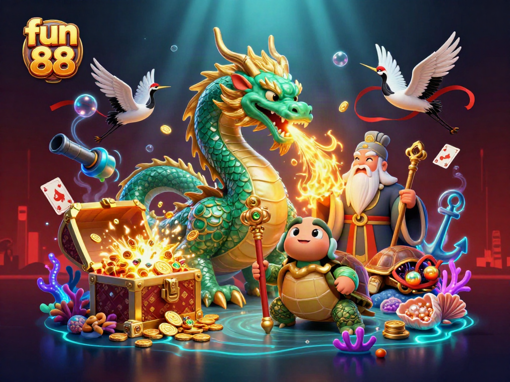 Experience thrilling moments at fun 88 with a lively dragon and fortune symbols in a vibrant scene.