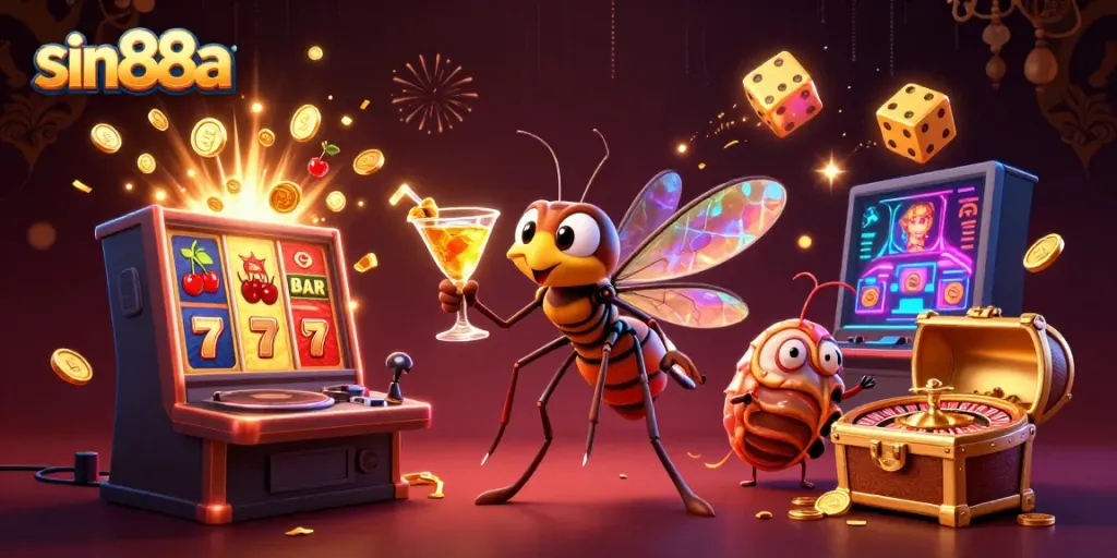 Experience thrilling gaming at sin88a with a lively 3D illustration of casino elements and characters.